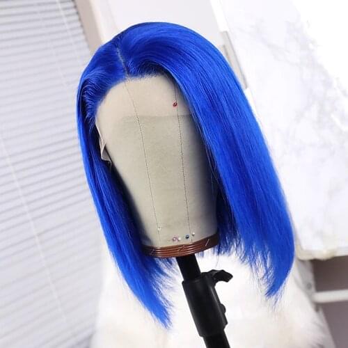 150% Density New Design Women Lovely Youth Womens Short Human Hair Lace Wig Blue Bob style wigs for white women