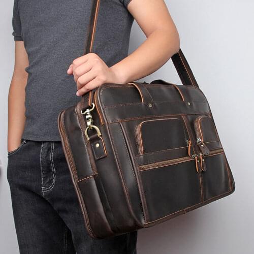 17" Briefcase Bags Man Vintage Genuine Leather 2019 Men Casual Tote Hand Laptop Travel Bag Male Shoulder Crossbody Bags
