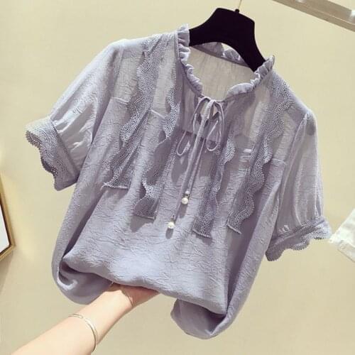 2021 Women New Short Sleeve Blouse Women Korean Loose Plus Size Top Ladies Office Solid Color Chiffon Shirt Summer Clothing L243