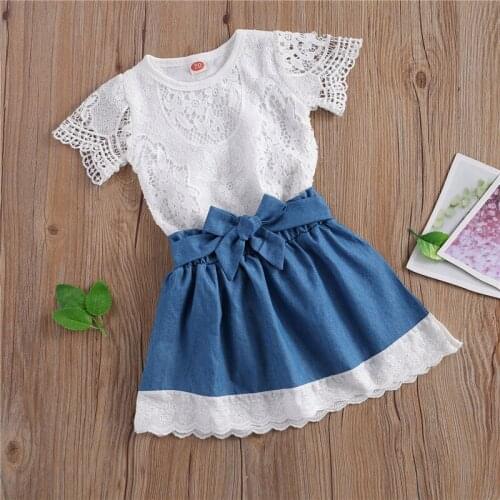 Summer Baby Short Sleeve Floral Lace Bodysuit Tie Knot Front Denim Skirt 2Pcs Outfits Toddler Girl Clothes Set