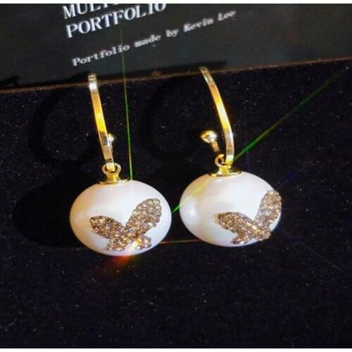 Elegant Round Simulated Pearl Dangle Earrings for Women Dazzling CZ Rhinestone Butterfly Female Fashion Prevent Allergy Jewelry