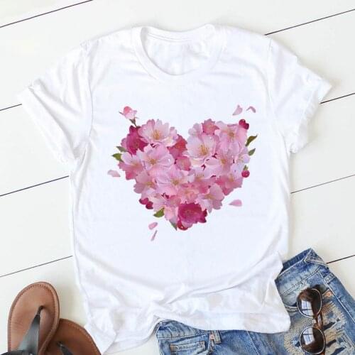 Womens T-shirt pink heart flower print casual O-neck T-shirt girl ladies streetwear Harajuku T-shirt kawaii graphic aesthetics