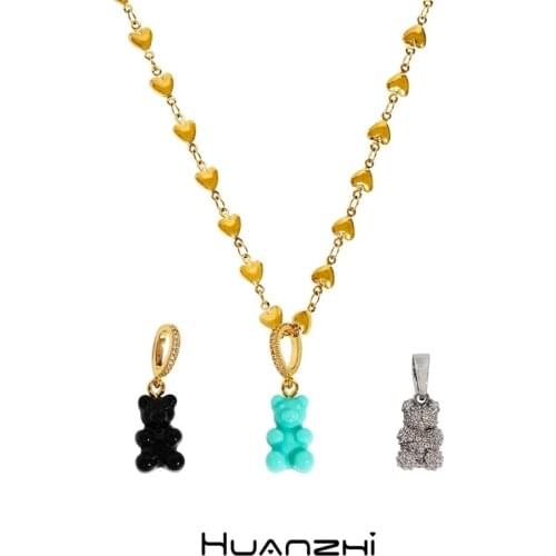 HUANZHI 2021 New Korean Resin Cute Teddy Bear Charm Crystal Heart Gold Plated Choker Necklace for Women Girls Party Jewelry Gift