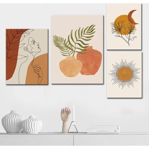 Wall Art Print Sun Moon Abstract Landscape Poster Line Face Canvas Painting Boho Wall Pictures for Living Room Home Decoration