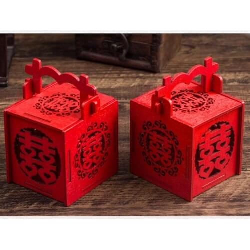 2pcs Portable Gift Container Chinese Style Wooden Candy Box Wedding Blue Bead Tassel Sweet Box Decorations Hollow Out Sweet Case
