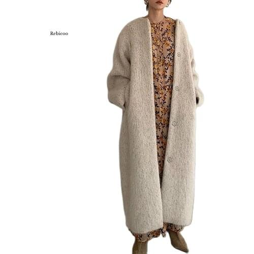 Korean Fashion Apricot Women Long Jacket Coat Winter Elegant Japan Ladies Minimalist Solid Wool Blend Oversize Overcoat Female