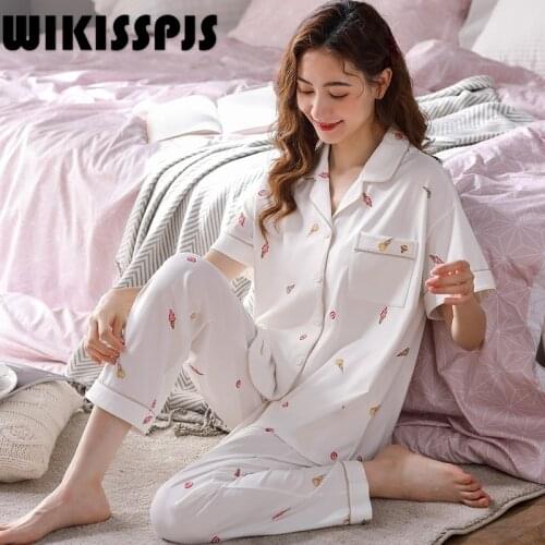 Summer Modal Thin Womens Lapel Cardigan Short Sleeve Trousers Pajamas Two Piece Home Suit Lounge Wear Pajamas for Teen Girls