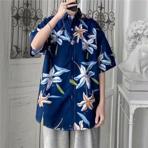 2021 Summer Mens Shirts Korean Fashion Short Sleeve Tops Shirts Casual Men Clothing Streetwear Trend Print Flower Shirts Men