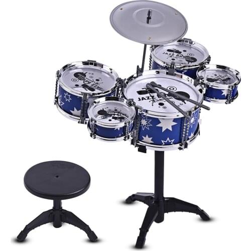 Children Kids Jazz Drum Set Kit Musical Educational Instrument Toy 5 Drums + 1 Cymbal $ Small Stool Drum Sticks for Boys Girls