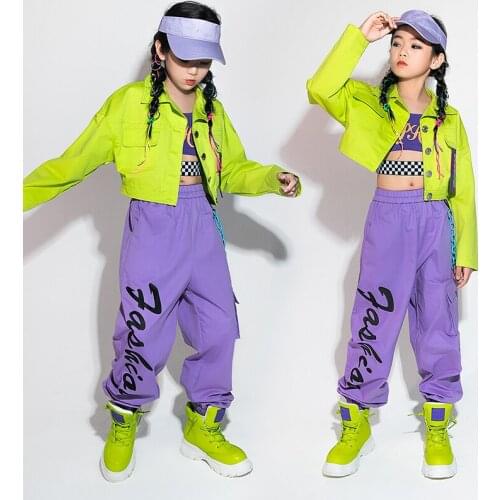 New Fluorescent Green Jacket Hiphop Pants Children Jazz Street Dance Costumes For Girls Ballroom Hip Hop Dance Clothes DN8290