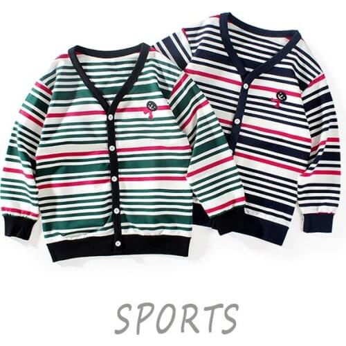 2021 Autumn/winter Korean New Childrens Long-sleeved Jacket Big Boys' Striped V-neck Cardigan Coat Childrens Knitting Jackets