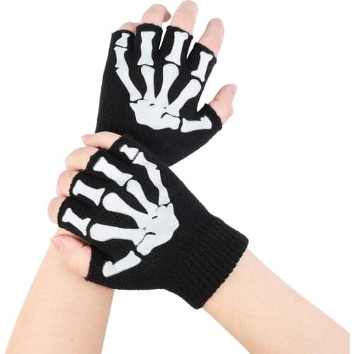 1pairs Novelty Luminous Gloves Kids Skeleton Warm Glow In The Dark Fingerless Knitted Gloves Mitten Horror Skull Pattern