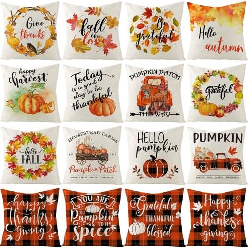 Fall Pillow Cover Pumpkin Sunflower Pattern Decorative Pillowcase Thanksgiving Cushion Cover 45X45 Linen Sofa Cushion Home Decor