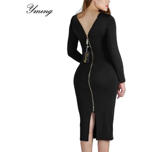 YMING Sexy Bodycon Women Dress Long Sleeve Zipper Vestidos Midi Dresses Evening Party Casual Black Dress Split Club Dresses