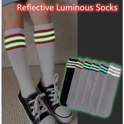 Reflective Luminous Socks Black White Striped Long for Girl Knee Thigh-High Stockings Cotton Fashion Funny Cool Glow Long Socks