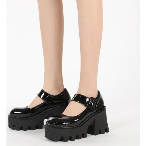 Mary Jane Shoes Women High Heel Patent Leather Shoes Womens British Style Black Heels