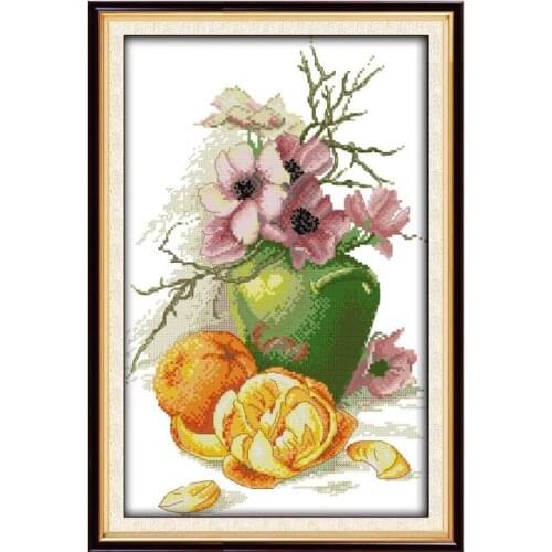 Hibiscus vase and oranges cross stitch kit aida 14ct 11ct count printed canvas stitches embroidery DIY handmade needlework