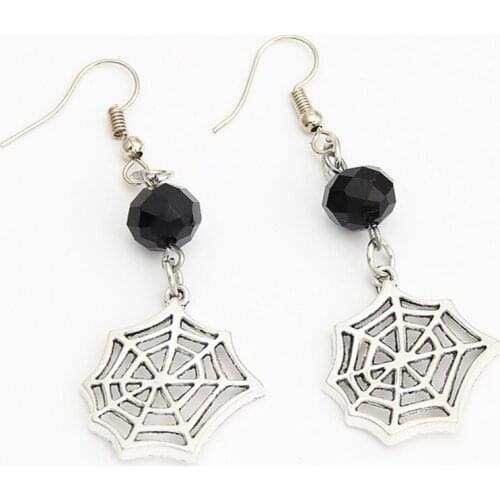 1pair Vintage Silver Color Spider Web Drop Earring With Black Crystal Beads Pendant Gothic Jewelry Witchy Gift
