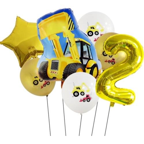 7PCS Cartoon Balloon Excavator Aluminum Foil Balloon Number Childrens Toy Balloon Gift Birthday Party Decoration Kids Happy