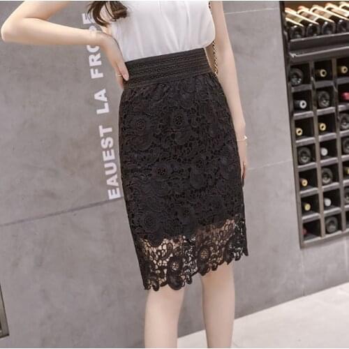 TingYiLi Lace Hollow Out Midi Skirt Pencil High Waist Black Women Skirt Korean Elegant Summer Skirt