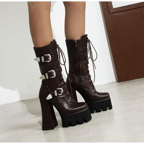 Women Winter Boots Punk Buckle Comfortable Platform Thick High heel Lace up zipper warm Snow Boot Shoe Botas Mujer Female 2753