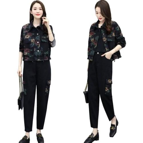 Women Denim Pants Two Set 2021New Female Spring 2-Piece Set Printing Coat+Denim Pants Two Set Female Pants Set Plus Size C744