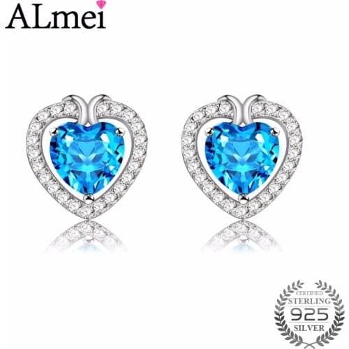 Almei Women Earrings Sky Blue Topaz Crystal Heart Stud Earring CZ 925 Sterling Silver Jewelry for Women Free Box 40% FR011