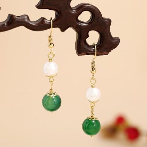 Vintage Women Earrings Luxury Natural Green Agate Pearl Dangle Earrings Lucky Gift Hook Drop Earrings for Women Jewelry