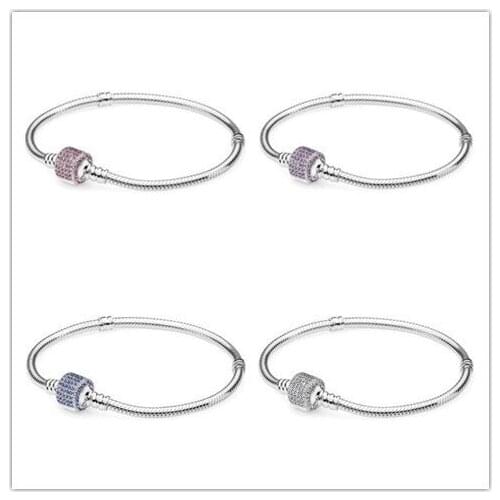 Bewill 925 Sterling Silver Bracelet Signature Clasp Crystal Snake Chain Bangle Fit Women Bead Charm DIY Fashion Jewelry