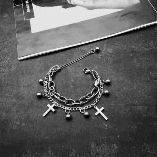 Gothic Hip Hop Metal Cross Pendant Charm Bracelet for Women Female Beads 3 Layering Linked Chain Bracelets Cool Jewelry Gift