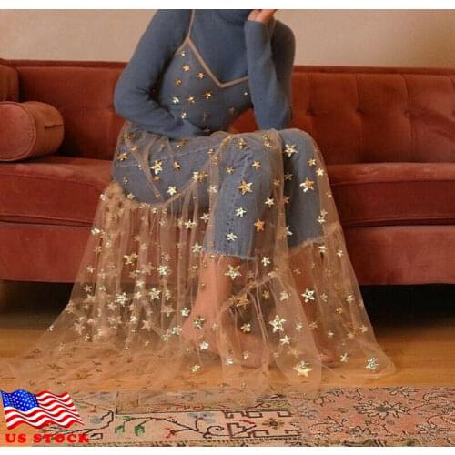2019 Women Spaghetti Straps Tulle Sexy Cover Up Long Dresses Mesh Sheer Bling Bling Star Hot Stamping See Through Pleated Dress