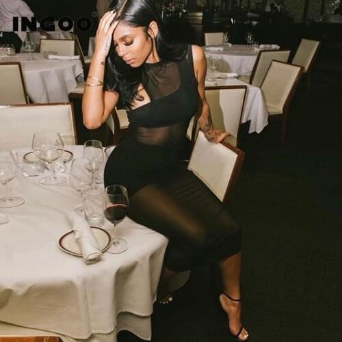INGOO Mesh Spliced Hollow Slim Dress Women Sexy Party Solid One Shoulder Backless Bodycon Crop Tops Mini Dresses Fashion 3Pcs