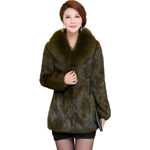 2020 High quality winter Integral skin rabbit fur coat women plus size fox fur collar jacket fashion fur outerwear female KW25