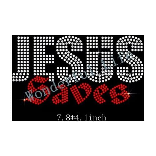 Free Shipping jesus words for USA like the god hotfix rhinestones motif heat transfer design red with white clear crystal