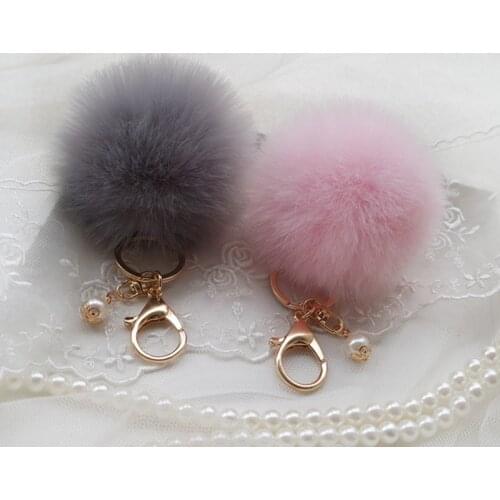 Cute Fluffy Rabbit Fur Ball Pompon Keychain Pom Pom Fur Ball Pearl Key Chain Women Gold Charm Bag Car Trinket Jewelry Party Gift