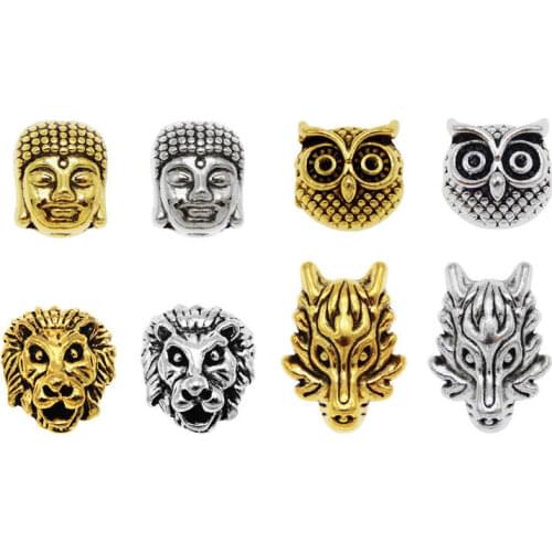 Julie Wang 8PCS Mixed Buddha Lion Dragon Owl Head Beads Spacer Bead Antique Color Bracelet Jewelry Making Accessory