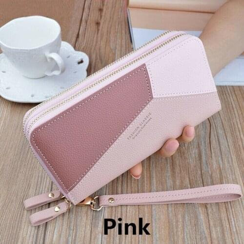 Double Zipper Wallet Closure Spliced Wrist Strap Tassel PU Leather Wallet for Girls Fashion Phone Coin Purse Credit Card Holder