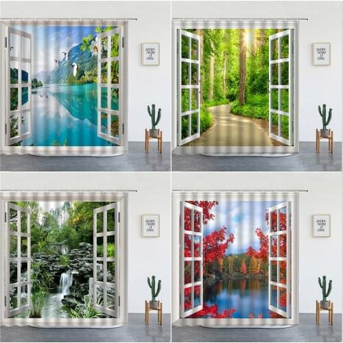 Forest Waterfall Scenery Shower Curtains Green Tree Natural Landscape Bathtub Screen For Bathroom Background Wall Hanging Decor