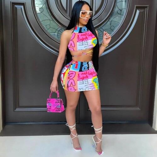 Summer Fashion Womens Printed Halterneck Halter Sexy Strap Split Two-Piece Mini Skirt Suit