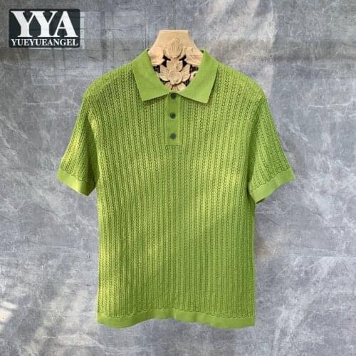 Summer Knitted Hollow Out Mens T-shirt Short Sleeve Pullover Lapel Collar Breathable Beach Tees Tops Casual Knitwear T-shirts