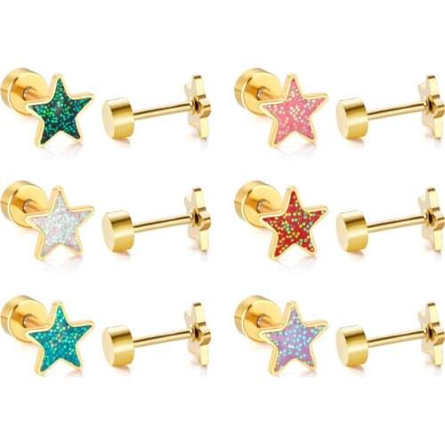 LUXUKISSKIDS12pairs/Lot Cute 7mm Shiny Star Jewelry Stainless Steel Stud Earrings For Women Gold Screw Back Stud Earing brincos