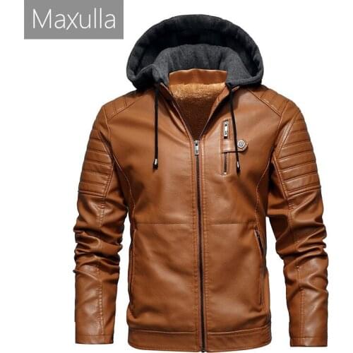 Maxulla Winter Mens Leather Jacket Mens Fleece Motorcycle Hooded Jackets Casual Outwear Thermal Leather Jackets Men Clothing