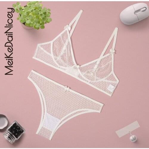 MeiKeDaiNicey 2021 Sexy Ladies See Through Elastic Mesh Bra Set Women Wire Free White Underwear Bra+thong Lingerie Set