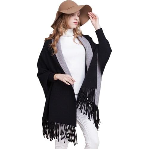 Autumn Causal Tassel Thick Knitted Ponchos Cashmere Batwing Capes Women Loose Duplex Shawl Cardigan Long Poncho