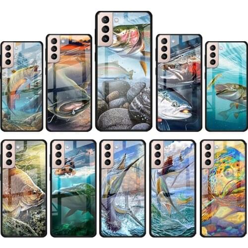 Trout Panel Fish Fishing for Samsung Galaxy S21 Ultra Plus A72 A52 4G 5G M51 M31 M21 Luxury Tempered Glass Phone Case Cover