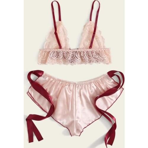 Sexy Two Piece Lingerie Set Babydoll Pajamas Women Lace Triangle Bralette Bra+Lace Up Bowknot Shorts Satin Sleepwear Underwear