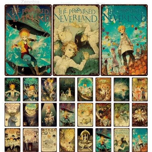 Retro Anime Mwtal Posters Cartoon The Promised Neverland Wall Art Iron Painting Tin Plaque Shabby Home/bar/cafe Room Decoration