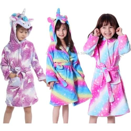 Big Boys Girls Rainbow Unicorn Kigurumi Cat Hooded Bathrobes Children Sleep Robes Bath Robes for Kids 2-11Years Animal Pajamas