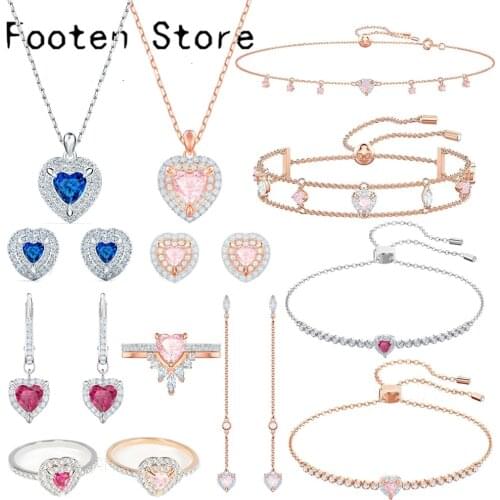 SWA1:1 Fashion Jewelry High Quality Simple Charm Red Blue Love Crystal Heart Pendant Necklace Earring Bracelet Set Romantic Gift