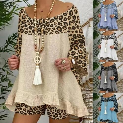 50% Hot Sales Casual Women Outfit 3/4 Sleeve Leopard Patchwork O Neck Loose T-shirt Shorts for Daily Life